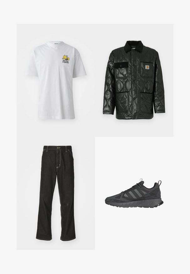 Černá prošívaná bunda s lesklým povrchem, má límeček, čtyři náprsní kapsy a černé kordové akcenty.; Bílý bavlněný tričko s krátkým rukávem a kulatým výstřihem, na hrudi s barevným vyšitým grafikou včely a textem.; Černé denimové džíny s volným střihem, s kontrastním bílým prošíváním, zapínáním na knoflík a rovnými nohavicemi.; Černé sportovní boty s vrchní částí z prodyšné síťoviny a semiše, texturovanou gumovou podrážkou, polstrovaným límcem a výrazným designem s třemi proužky ve šedé barvě.