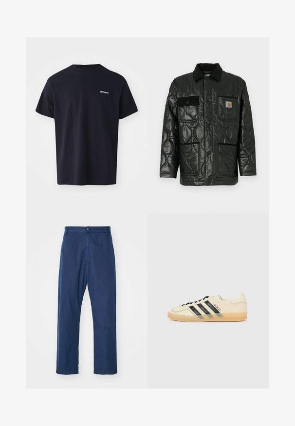 Melnā tamborētā jaka ar spīdīgu apdari, ar apkakli, četrām kabatām un melnas korduroja detaļām.; Melnas kokvilnas t-krekls ar īsām piedurknēm, apaļu kakla izgriezumu un maigu balto logotipu kreisajā krūtīs. Gluda tekstūra, standarta piegriezums.; Jūras zilas, taisnas kājas bikses, izgatavotas no kokvilnas. Tām ir priekšējā pogu aizdare un smalks tekstūra, kā arī sānu kabatas un jostas cilpas.; Gaiši krēms sporta apavi ar melnu trīs svītru dizainu, teksturētu augšējo daļu, noapaļotu purngaliem un gumijas zoli. Iespējas ietver auklas un zīmolu sānos.