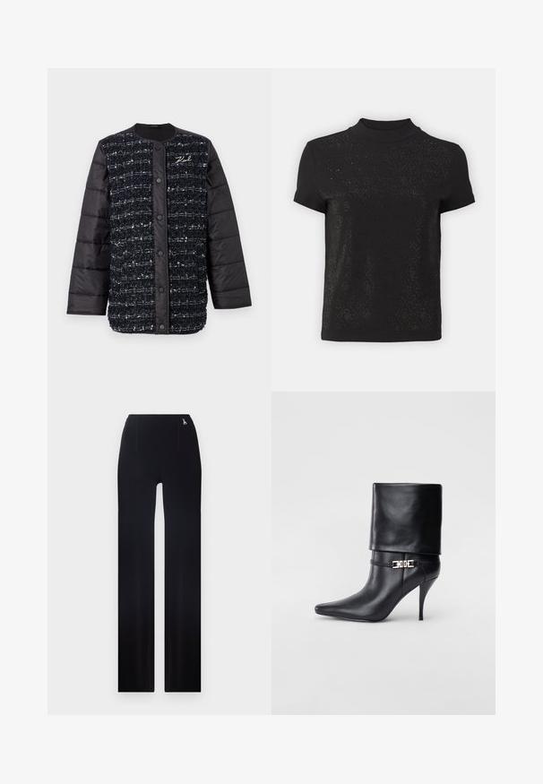 Veste rembourrée noire et marine avec un devant en tissu texturé, dotée d'une fermeture à boutons et d'une broderie de logo. Manches et ourlet lisses.; Haut noir à manches courtes avec un col haut et un motif texturé agrémenté de accents en forme de diamant. Matériau doux avec une finition lisse et une subtile brillance.; Pantalon noir à jambe droite, avec une taille haute, des plis discrets à l'avant, une texture lisse et un accent logo métallique près de la taille.; Bottine en cuir noir avec un bout pointu, un haut talon aiguille, un revers, et un détail décoratif en boucle dorée au niveau de la cheville.