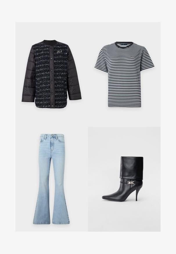 Juodas ir mėlynas paminkštintas švarkas su tekstūruota audinio priekiu, turintis sagų uždarymą ir logotipo siuvinėjimą. Lygūs rankovės ir apdaila.; Dryžuotas marškinėliai, turintys juodai baltus horizontalius dryžius, apvaliu kaklu ir trumpomis rankovėmis. Pagaminti iš minkštos, lengvos medžiagos.; Šviesiai mėlyni flared džinsai, pagaminti iš denimo, su aukštu juosmeniu, subtiliu išblukimu ir dideliais plačiais kraštais, turinčiais tvarkingą apdailą.; Juodos odinės kulkšninių botų su smailiu nosiu, aukštu stiletto kulnu, apvyniojamu kraštu ir auksine dekoratyvine sagtimi prie kulkšnies.