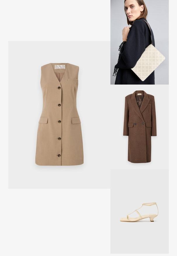 Rjav dvojnouštrikan volnen plašč z zaznamovanim ovratom, dvema sprednjima žepoma in črnimi gumbi, z gladkim notranjim podlogom.; Bez rokavov bežna obleka z V-izrezom, petimi temnimi gumbi na sprednji strani, dvema žepoma z zavihkom in majhnim žepom na prsih. Gladek teksturiran material.; Bež sandali na visoki peti s T-trakom, kvadratnim prstom, nastavljivim čevljem za gleženj in nizkim blok petom. Material iz gladke usnje.; Bežna torba z vzorcem, strukturirane oblike, z rjavim teksturiranim pasom. Nosena na modelu ob sivi podlagi.