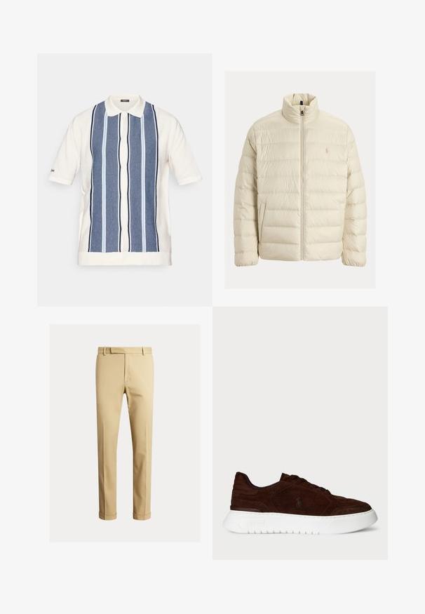 Kreminės spalvos pūkinė striukė, pagaminta iš siūto audinio. Turi aukštą apykaklę, priekinį užtrauktuką ir toninį logotipą ant krūtinės.; Kreminis trumpas polo marškinėlis su mėlynomis juostelėmis. Su mygtukų užsegimu ir klasikiniu apykakle. Pagamintas iš tekstūruoto audinio.; Kaki chinos, pagaminti iš lygaus medvilnės audinio, turintys prigludusį siluetą, priekinę klostę ir manžetę ties kulkšnimis, siekiant siauresnio vaizdo.; Tamsiai rudos suedes sportbačiai su balta storu padanga, su raišteliais, ir subtiliu Polo logotipu šone, matomi iš išorinio šono.