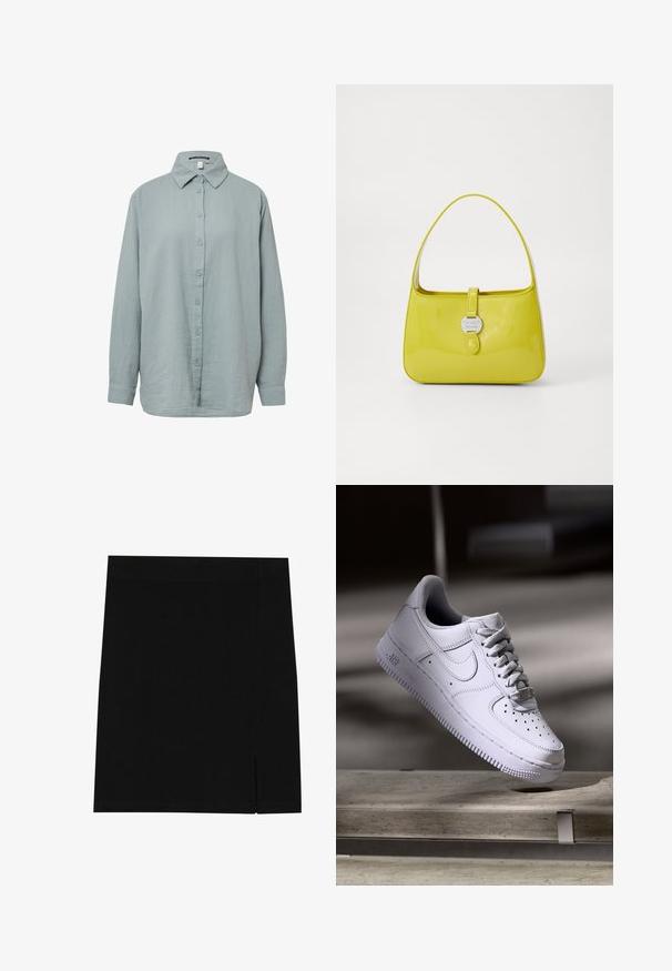 Brauner Trenchcoat mit doppelter Knopfleiste, großem Kragen, langen Ärmeln, Gürtel in der Taille und zwei vorderen Taschen. Glatte Stoffstruktur.; Himmelblaues Langarm-Hemd mit Knöpfen. Hergestellt aus weichem, strukturiertem Stoff mit einem klassischen Kragen, ausgestattet mit einer Knopfleiste und geknöpften Ärmeln.; Weißes kurzärmliges T-Shirt aus weichem Stoff. Hat einen runden Halsausschnitt und ein einfaches, sauberes Design mit geradem Saum.; Schwarzer Minirock aus weichem Stoff mit figurbetontem Design, ausgestattet mit einem leichten Schlitz an der Seite für zusätzlichen Details.; Weißer Nike Air Force 1 Sneaker schwebt über einer Betonoberfläche mit Schatten in einem minimalistischen Umfeld.; Gelbe lackierte Leder-Handtasche mit strukturiertem Design, einem oberen Griff und einem vorderen Druckverschluss, der mit einem kreisförmigen Metall-Logo-Akzent versehen ist.