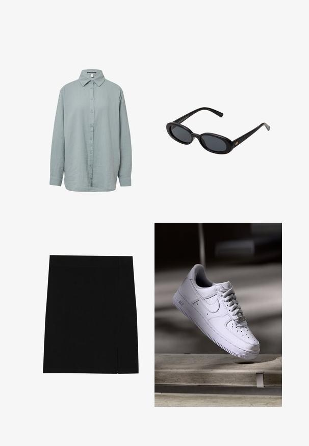 Ruskea trench-coat, jossa on kaksirivinen malli, suuri kaulus, pitkät hihat, vyö vyötäröllä ja kaksi etutaskua. Sileä kangas.; Vaaleansininen, pitkähiha- nappipusero. Valmistettu pehmeästä, teksturoidusta kankaasta, jossa on tavanomainen kaulus, nappikiinnitys edessä ja hihansuissa napit.; Valkoinen lyhythihainen t-paita, joka on valmistettu pehmeästä kankaasta. Sillä on pyöreä pääntie ja yksinkertainen, siisti muotoilu suoralla helman lopulla.; Mustat minihameet pehmeästä kankaasta, tiukka muotoilu, sivussa on pieni halkio lisäyksinä.; Nike Sportswear AIR FORCE 1 07 - Matalavartiset tennarit - white; Mustat ylisuuruiset aurinkolasit, jotka ovat soikeat linssit, sileä muovikehys ja kultaiset korostukset temppeleissä. Tummat linssit tarjoavat suojaa auringolta.