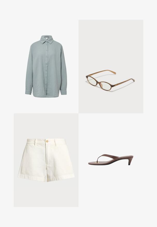 Hnědý trenčkot s dvouřadovým designem, velkým límcem, dlouhými rukávy, páskem v pase a dvěma předními kapsami. Hladká textilie.; Světle modrá, dlouhá button-up košile s dlouhými rukávy. Vyrobena z měkké, texturované látky se stojáčkem, má zapínání na knoflíky vpředu a rukávy s manžetami.; Bílá tričko s krátkým rukávem vyrobené z měkké látky. Má kulatý výstřih a jednoduchý, čistý design s rovnou spodní částí.; Bílé bavlněné šortky s rovnýms střihem, se zapínáním na knoflík, bočními kapsami a ohrnutým lemem pro uhlazený vzhled.; Hnědé sandály s podpatkem a tenkým páskem, zaoblenou špičkou a malým zlatým akcentem na stélce.; Hnědé želvovinové brýle s oválnými skly, tenkými bočními nohami a průhlednými akcenty. Obsahují decentní logo na stranu. Elegantní, lehký design.