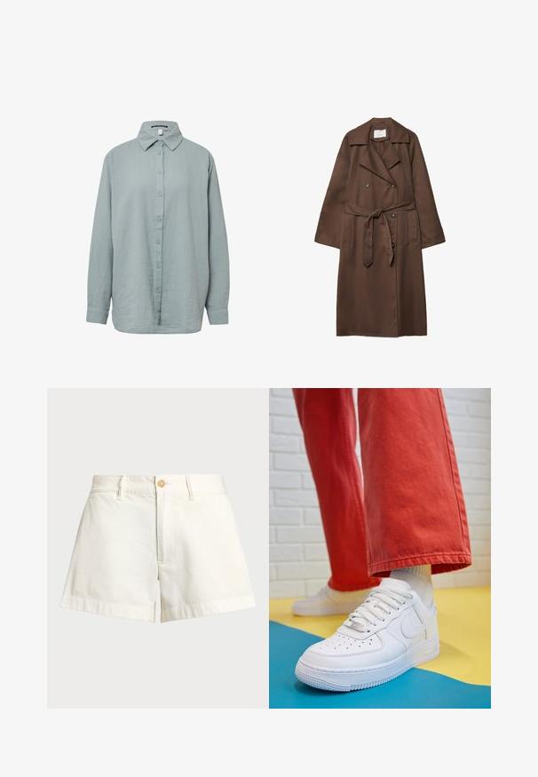 Brown trench coat with a double-breasted design, large collar, long sleeves, belt at waist, and two front pockets. Smooth fabric texture.; Light blue, long-sleeve button-up shirt. Made of soft, textured fabric with a standard collar, featuring a button-down front and cuffed sleeves.; White short-sleeve t-shirt made of soft fabric. Features a round neckline and a simple, clean design with a straight hemline.; White cotton shorts with a straight cut, featuring a button closure, side pockets, and a cuffed hem for a clean finish.; White leather sneaker with perforated toe box, textured sole, and white laces, paired with wide red pants and a blue and yellow background.