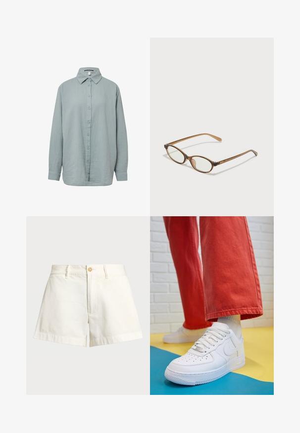 Cappotto trench marrone con design doppiopetto, colletto ampio, maniche lunghe, cintura in vita e due tasche frontali. Tessuto dalla finitura liscia.; Camicia azzurro chiaro a maniche lunghe con bottoni. Realizzata in tessuto morbido e testurizzato, con colletto standard, presenta una chiusura frontale con bottoni e maniche con polsini.; T-shirt bianco a maniche corte in tessuto morbido. Presenta un collo rotondo e un design semplice e pulito con un orlo dritto.; Pantaloni corti bianchi in cotone con taglio dritto, dotati di chiusura a bottone, tasche laterali e orlo risvoltato per un finish pulito.; Sneaker bianco in pelle con punta perforata, suola testurizzata e lacci bianchi, abbinati a pantaloni rossi larghi e uno sfondo blu e giallo.; Occhiali tortoiseshell marroni con lenti ovali, aste sottili e dettagli trasparenti. Presentano un logo sottile sulla tempia. Design elegante e leggero.