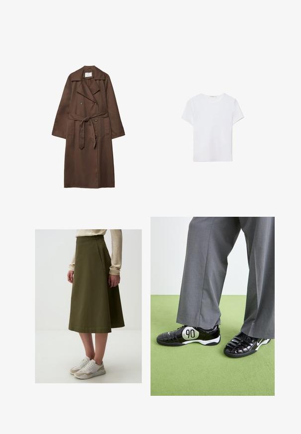 Brown trench coat with a double-breasted design, large collar, long sleeves, belt at waist, and two front pockets. Smooth fabric texture.; White short-sleeve t-shirt made of soft fabric. Features a round neckline and a simple, clean design with a straight hemline.; Light blue, long-sleeve button-up shirt. Made of soft, textured fabric with a standard collar, featuring a button-down front and cuffed sleeves.; Olive green A-line skirt with a smooth texture, high waist, and seam detailing, paired with white and beige sneakers.; Black patent leather sneakers with a silver "90" detail, featuring a textured surface and lace-up design, paired with gray wide trousers.