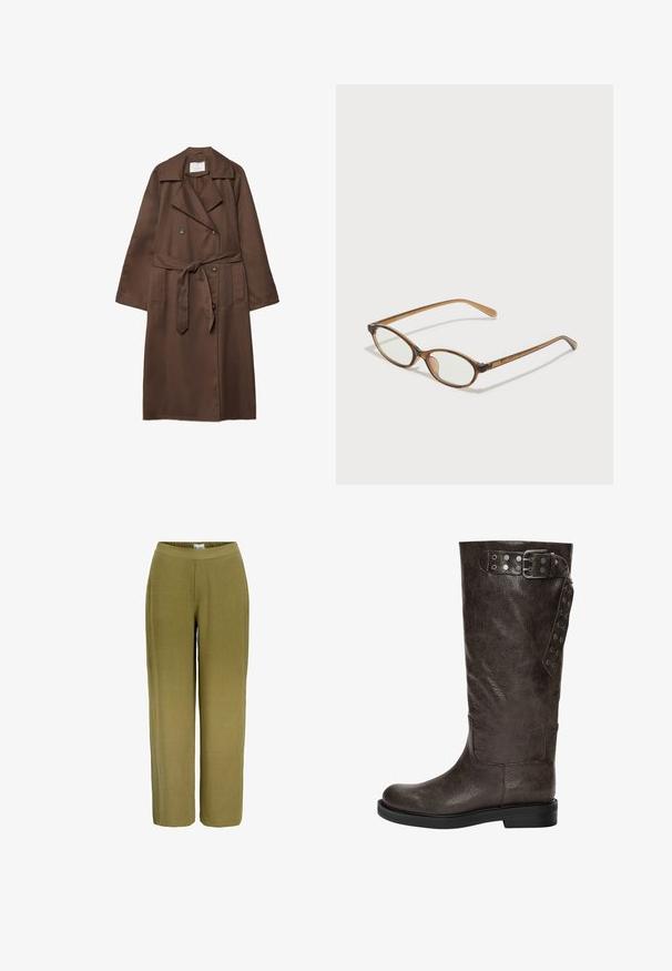 Brun trenchcoat med en dobbeltbrystet design, stor krave, lange ærmer, bælte i taljen og to forlommer. Glat stofstruktur.; Hvid kortærmet t-shirt lavet af blødt stof. Har en rund halsudskæring og et simpelt, rent design med en lige underkant.; Bredde bukser i olivengrøn. Lavet af et tekstureret stof med elastisk talje, der har en glat finish og ingen synlig hardware.; Brune læderknæhøje støvler med en struktureret finish, der har en spændedetalje og trykknapaccents på siden, samt en flad gummisål.; Brune skildpaddemønstrede briller med ovale linser, tynde arme og gennemsigtige accenter. Har et diskret logo på stangen. Slankt, let design.