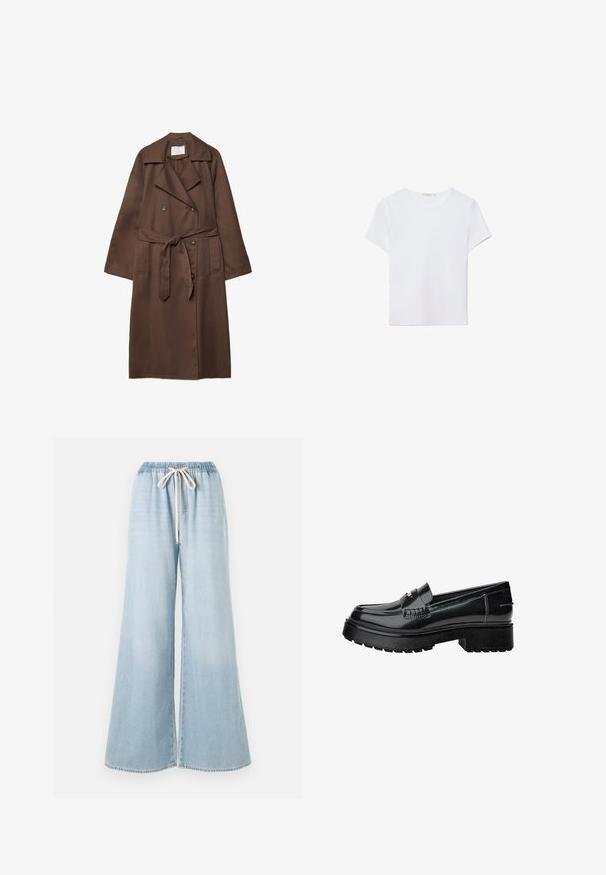 Ruskea trench-coat, jossa on kaksirivinen malli, suuri kaulus, pitkät hihat, vyö vyötäröllä ja kaksi etutaskua. Sileä kangas.; Valkoinen lyhythihainen t-paita, joka on valmistettu pehmeästä kankaasta. Sillä on pyöreä pääntie ja yksinkertainen, siisti muotoilu suoralla helman lopulla.; Vaaleansiniset leveät farkut, jotka on valmistettu denimestä, ja joissa on joustava vyötärö kiristysnauhoilla sekä sileä pinta.; Musta patenttinaahka loaferit paksulla pohjalla, joissa on koristeellinen hihna ja hienovarainen ompelutaito. Kuminen pinta pohjassa.