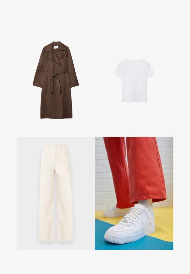 Brun trenchcoat med en dubbelknäppt design, stor krage, långa ärmar, bälte vid midjan och två framfickor. Slät tygtextur.; Vit t-shirt med kort ärm gjord av mjukt tyg. Har en rund halslinning och en enkel, ren design med en rak nederkant.; Breda benbyxor i ivory bomull. Har hög midja, två bakfickor med metallknappar och en ren, slät yta.; Vita lädersneakers med perforerat tåparti, texturerad sula och vita snören, kombinerat med vida röda byxor och en blå och gul bakgrund.
