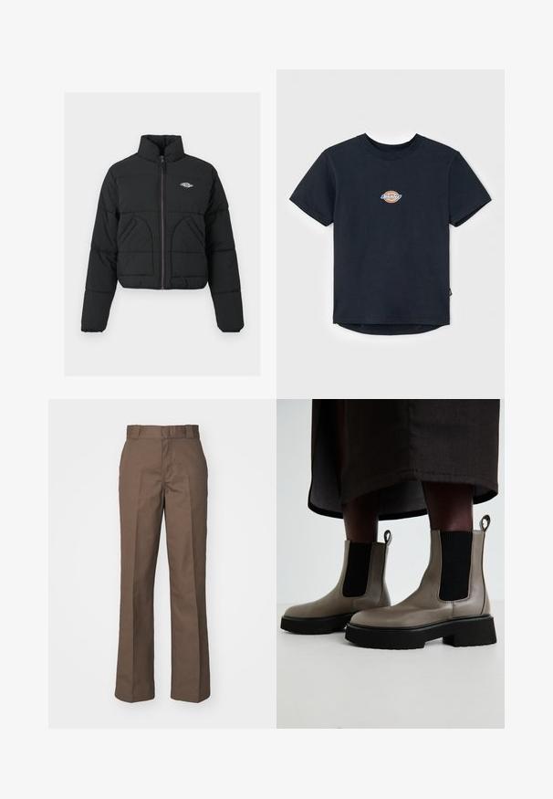 Čierna pufrová bunda s vysokým golierom, zipsom, dvoma prednými vreckami a prešívanou textúrou. Má logo na hrudníku a fialový zips.; Čierne bavlnené tričko s krátkymi rukávmi, okrúhlym výstrihom a malým viacfarebným logom na hrudi. Priame ukončenie s mierne dlhším zadným dielom.; Hnedé bavlnené nohavice so strihom rovného nohavice, s plochým predným dielom a pútkami na opasok. Hladká textúra, bez viditeľných vzorov alebo akcentov.; Šedé členkové topánky vyrobené z textúrovanej kože s elastickými bočnými panelmi a robustnou čiernou podrážkou. Obsahujú pútka pre jednoduché obúvanie.