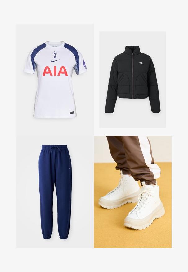 Geacă puf cu glugă neagră, cu închidere prin fermoar, două buzunare frontale și textură matlasată. Prezintă un logo pe piept și un fermoar mov.; Tricou de fotbal alb cu mânecă scurtă și accente de bleumarin, cu guler rotund, un mare logo roșu "AIA" și emblema echipei pe piept.; Pantaloni de sport bleumarin, confecționați dintr-un material moale, având o talie elastică cu șnur, manșete elastice și un mic logo alb.; Tenisi albi înălțați cu o talpă groasă și texturată, având un superior neted, vârf rotund și șireturi tonale, plasati pe un fundal galben.