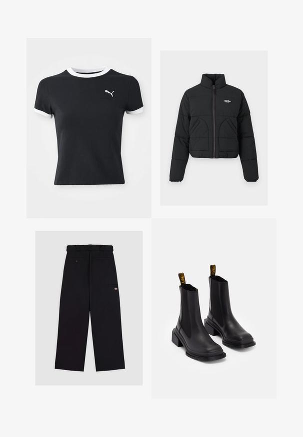 Black puffer jacket with a high collar, zip closure, two front pockets, and quilted texture. Features logo on the chest and purple zipper.; Black cotton t-shirt with white collar and sleeve accents; features a small white Puma logo on the left chest. Short sleeves, fitted design.; Black trousers made from fabric with a smooth texture. Features a straight leg design, a belt loop waist, and multiple pockets.; Black ankle boots made of smooth leather with elastic side panels, a square toe, and a chunky heel. Features yellow branded pull tabs.