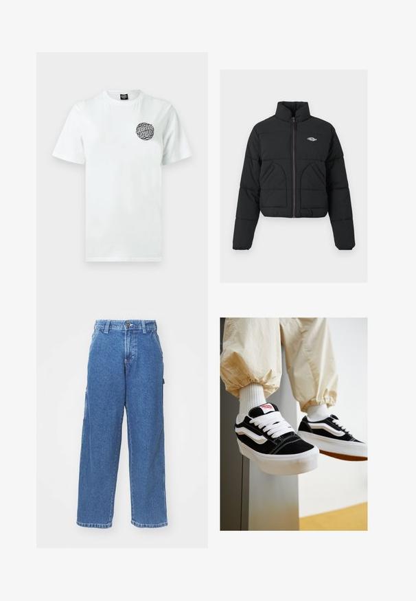 Geacă puf cu glugă neagră, cu închidere prin fermoar, două buzunare frontale și textură matlasată. Prezintă un logo pe piept și un fermoar mov.; Tricou alb din bumbac cu un logo circular negru și verde pe partea stângă a pieptului. Gât clasic și mâneci scurte, cu o textură netedă.; Pantaloni din denim albastru cu picioare largi, talie înaltă, închidere cu nasture și buzunare laterale. Spălare estompată cu o textură moale și croială dreaptă.; Adidași din suede alb și negru cu șireturi plate albe, tălpi din cauciuc texturat și un design cu dungă pe lateral. Purtați cu pantaloni tapered de culoare crem.