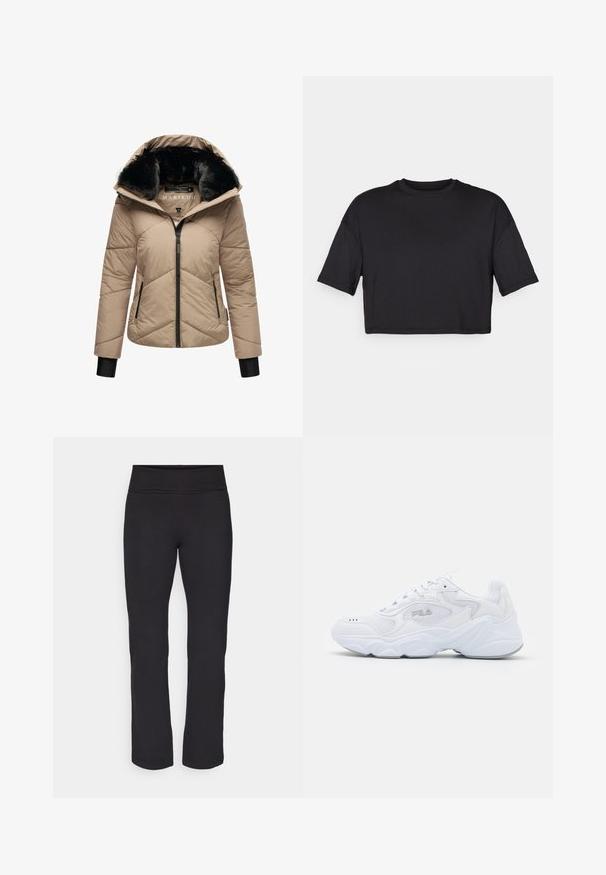 Beige padded jacket with a black faux fur-lined hood, front zipper, and diagonal quilted design. Features side pockets and black cuffs.; Black cropped t-shirt made of soft fabric, featuring a round neckline and short, wide sleeves, with a simple, seamless design.; Black leggings with a smooth, stretchy fabric and a wide waistband. They have straight, full-length legs and no visible patterns or accents.; White athletic shoe with a textured mesh upper, padded collar, and chunky sole. Features a logo on the side and lace-up closure.