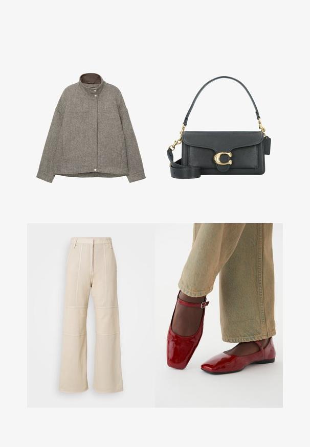 Grijze wollen blend jas met hoge kraag, drukknopen, lange mouwen, twee voorzakken en een gestructureerd herringbone patroon.; PULL&BEAR Top - white; Beige wijde broek met een textuur zoals gaas. Kenmerken zijn onder andere gestikte panelen en een hoge taille met riemlussen.; Rode lakleren schoenen met een vierkante neus, lage hak en enkelbandje, gecombineerd met lichtgroene wijde jeans. Glad textuur, reflecterend oppervlak.; Zwarte leren handtas met een gouden hardware accent, voorzien van een kenmerkende sluiting, een afneembare schouderband en een ge textureerd oppervlak.; Zilveren metalen oorbellen met een gladde, druppelvorm en een gepolijste afwerking. Subtiele gravures voegen detail toe. Minimalistisch ontwerp.