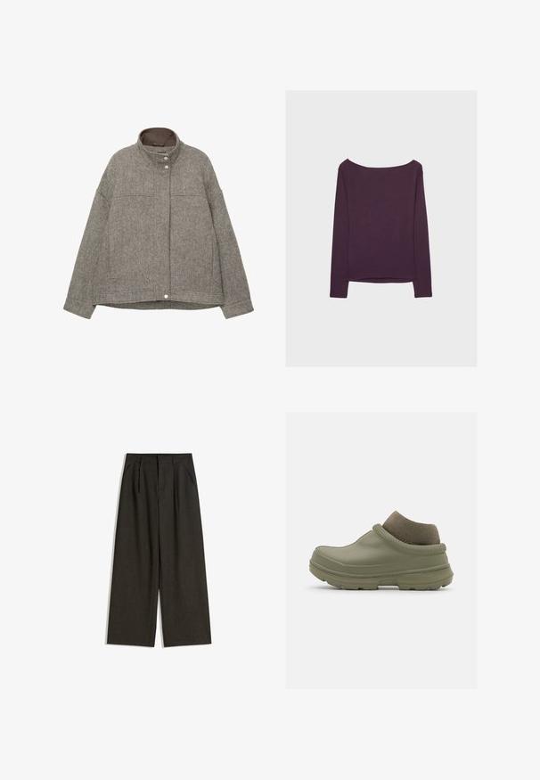 Šedá kombinovaná vlněná bunda s vysokým límcem, zapínáním na cvoky, dlouhými rukávy, dvěma předními kapsami a texturovaným vzorem rybí kosti.; Dlouhá rukávová blůza v tmavě fialové barvě, vyrobená z jemné jersey tkaniny. Má široký výstřih a volný střih, rovný lem a dlouhé rukávy.; Krajkové kalhoty v tmavě šedé tkanině s texturovaným povrchem, s předními skladbami a bočními kapsami, navržené pro volný střih.; Olivově zelené dřeváky s zaoblenou špičkou a texturovanou gumovou podrážkou. Mají pletený nákoleník a hladký povrch svrchního materiálu.
