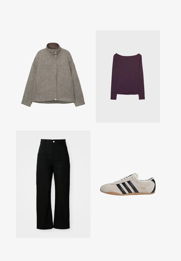 Szara kurtka z mieszanki wełny z wysokim kołnierzem, zapięciem na zatrzaski, długimi rękawami, dwoma przednimi kieszeniami oraz teksturowanym wzorem w jodełkę.; Długi rękaw w ciemnopurpurowym kolorze, wykonany z miękkiej dzianiny. Posiada szeroką linię dekoltu oraz luźny krój, z prostym dołem i długimi rękawami.; Czarne spodnie o wysokim stanie, prostym kroju z przednimi kieszeniami, paskami na pasek i srebrnym zapięciem na białym tle.; Zamszowe trampki z szarym cholewką, czarnymi paskami i gumową podeszwą. Posiadają sznurowane zapięcie oraz złoty detal z logo po boku.