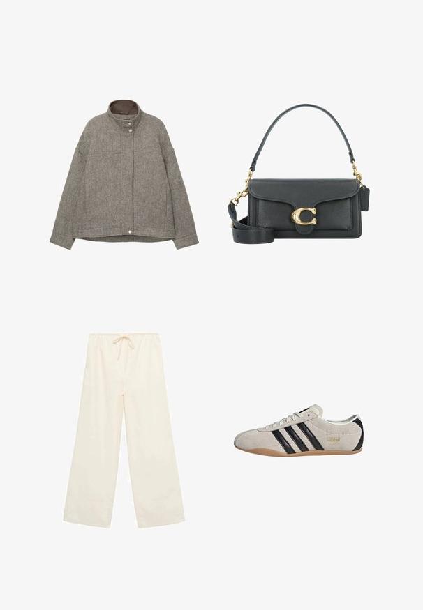Grau melierter Wolljacke mit hohem Kragen, Druckknopfverschluss, langen Ärmeln, zwei Fronttaschen und strukturiertem Fischgrätmuster.; Langärmliges Oberteil in Dunkelpurpur, aus weichem Jersey-Stoff gefertigt. Verfügt über einen weiten Halsausschnitt und eine lockere Passform, mit geradem Saum und langen Ärmeln.; Cremefarbene weit geschnittene Hose mit elastischem Bund und vorderem Kordelzug, ausgestattet mit weiten Bündchen an den Säumen.; Wildledersneaker mit grauem Obermaterial, schwarzen Streifen und einer Gummisohle. Verfügt über einen Schnürverschluss und ein goldfarbenes Logodetail an der Seite.; Schwarze Lederhandtasche mit goldenen Hardware-Akzenten, ausgestattet mit einem charakteristischen Verschluss, einem abnehmbaren Schultergurt und einer strukturierten Oberfläche.; Runder goldener Anhänger mit einer glatten, spiegelnden Oberfläche, die von einem strukturierten, Perlenrand umgeben ist, sowie einer Schlaufe zur Befestigung.