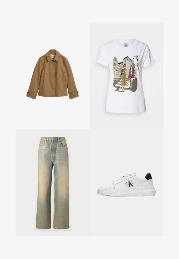 Bruine wollen blend jas met een rechte snit, een kraag, twee voorzakken en knoopmanchetten. Heeft een subtiele textuur en strakke lijnen.; Witte katoen T-shirt met een geprinte illustratie van twee vrouwen in urban mode stijlen met een hond op een zebrapad en stadsgebouwen.; Wijd-uitlopende denim jeans in een vervaagde blauwe en roomkleurige wassingen, met een klassiek vijf-pocket ontwerp en minimale stikdetails.; Witte lage sneaker met zwarte hiel tab, plateauzool, veters en Calvin Klein "CK" logo aan de zijkant.