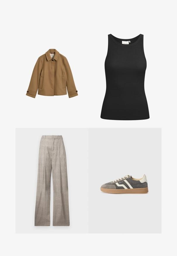 Braune WollmischungJacke mit geradem Schnitt, Kragen, zwei Fronttaschen und knopfbaren Manschetten. Sie zeichnet sich durch eine dezente Textur und klare Linien aus.; Schwarzes Tanktop aus Rippstoff mit Rundhalsausschnitt und figurbetonter Passform. Flache Nähte und keine Verzierungen. Einfaches und elegantes Design.; Helles graues, weit geschnittenes Hosen mit einem dezenten Hahnentrittmuster, Falten, Gürtelschlaufen und einer glatten Textur.; Graue Wildledersneaker mit strukturiertem Obermaterial, ausgestattet mit cremefarbenen Streifen und Schnürsenkeln sowie einer Sohle aus Gummi für besseren Halt. Klassisches sportliches Design.