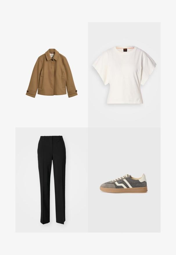 Giacca marrone in misto lana con taglio dritto, colletto, due tasche frontali e polsini con bottoni. Presenta una consistenza sottile e linee pulite.; T-shirt bianca cropped, maniche corte e larghe, tessuto di cotone morbido, scollatura rotonda con bordino arancione sottile, design minimale, senza motivi o grafiche.; Pantaloni neri su misura con un design a gamba dritta, caratterizzati da una texture liscia e pieghe ben definite sul davanti. Senza hardware visibile.; Sneaker in suede grigia con tomaia texturizzata, caratterizzata da strisce e lacci crema, e suola in gomma per una migliore aderenza. Design atletico classico.