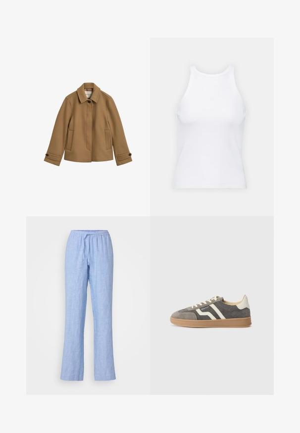 Braune WollmischungJacke mit geradem Schnitt, Kragen, zwei Fronttaschen und knopfbaren Manschetten. Sie zeichnet sich durch eine dezente Textur und klare Linien aus.; Weißes ärmelloses Tanktop aus geripptem Stoff, mit rundem Ausschnitt und figurbetonter Silhouette, minimalen Nähten und ohne Verzierungen.; Samsøe Samsøe HOYS STRING TROUSERS - Stoffhose - mid blue; Graue Wildledersneaker mit strukturiertem Obermaterial, ausgestattet mit cremefarbenen Streifen und Schnürsenkeln sowie einer Sohle aus Gummi für besseren Halt. Klassisches sportliches Design.