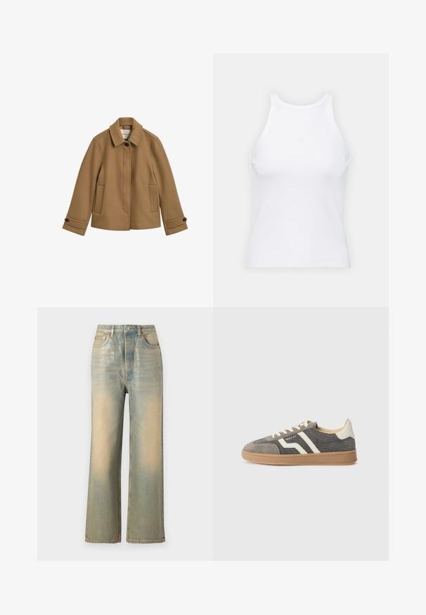 Giacca marrone in misto lana con taglio dritto, colletto, due tasche frontali e polsini con bottoni. Presenta una consistenza sottile e linee pulite.; Top senza maniche bianco realizzato in tessuto a coste, caratterizzato da un collo arrotondato e una silhouette aderente, con cuciture minime e senza decorazioni.; Jeans in denim a gamba larga in una lavaggio blu sbiadito e crema, caratterizzati da un classico design a cinque tasche e dettagli di cucitura minimi.; Sneaker in suede grigia con tomaia texturizzata, caratterizzata da strisce e lacci crema, e suola in gomma per una migliore aderenza. Design atletico classico.