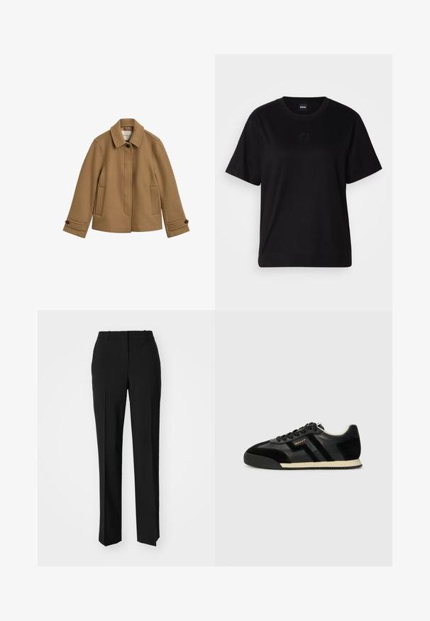 Braune WollmischungJacke mit geradem Schnitt, Kragen, zwei Fronttaschen und knopfbaren Manschetten. Sie zeichnet sich durch eine dezente Textur und klare Linien aus.; Schwarzes Baumwoll-T-Shirt mit Rundhalsausschnitt, kurzen Ärmeln und aufgesticktem Logo auf der Brust. Einfacher, lässiger Schnitt ohne Muster.; Schwarze, taillierte Hose mit geradem Bein, aus einem glatten Stoff und mit klaren Falten an der Vorderseite. Keine sichtbare Hardware.; GANT BEYLANA - Sneaker low - black