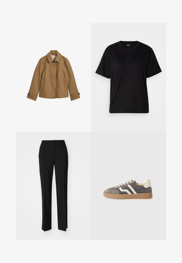 Brown, wool blend jacket with a straight cut, a collar, two front pockets, and buttoned cuffs. Features a subtle texture and clean lines.; Black cotton t-shirt with a crew neckline, short sleeves, and an embroidered logo on the chest. Simple, relaxed fit with no patterns.; Black tailored trousers with a straight-leg design, featuring a smooth texture and crisp creases along the front. No visible hardware.; Gray suede sneaker with textured upper, featuring cream stripes and laces, and a gum rubber sole for traction. Classic athletic design.