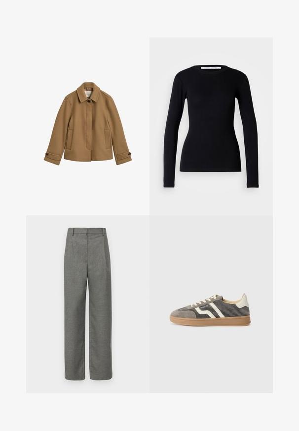 Giacca marrone in misto lana con taglio dritto, colletto, due tasche frontali e polsini con bottoni. Presenta una consistenza sottile e linee pulite.; Top nero a maniche lunghe realizzato in tessuto a coste. Presenta un collo rotondo e una forma aderente. Nessun motivo o decorazione. Design semplice.; Pantaloni grigi su misura con un tessuto testurizzato, dotati di una vita piatta, passanti per la cintura e un design a gamba larga. Senza tasche visibili o dettagli.; Sneaker in suede grigia con tomaia texturizzata, caratterizzata da strisce e lacci crema, e suola in gomma per una migliore aderenza. Design atletico classico.