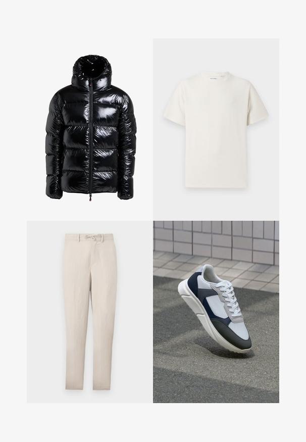 Doudoune noire avec une finition brillante, col montant, fermeture éclair à l'avant, panneaux cousus et poches latérales. Tissu texturé avec une surface lisse.; T-shirt blanc à manches courtes en texture côtelée. Encolure ronde, coupe décontractée, sans motifs ni accents visibles. Design simple et polyvalent.; Pantalons taper beige légers avec taille à cordon, devant plat et peu de plis. Comprend des passants de ceinture et des poches latérales.; Baskets blanches, bleu marine et grises avec un design en matériaux mélangés, présentant une tige texturée, des lacets plats et une semelle rembourrée.