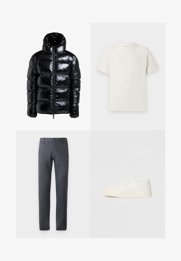 Fekete pufi dzseki fényes felülettel, magas gallérral, cipzáras elülső résszel, steppelt panelek és oldalsó zsebek jellemzik. Texturált anyag sima felülettel.; Fehér, rövid ujjú póló bordázott textúrával. Kerek nyakkivágás, laza szabás, nincs látható minta vagy díszítés. Egyszerű és sokoldalú dizájn.; Szürke, textúrázott nadrág egyenes szabással, övgyűrűs derékkal, elülső zsebekkel és egyetlen gombos záródással.; Fehér slip-on sportcipők texturált felülettel, vastag talppal és minimalista dizájnnal. Az oldalon a márka logója található.