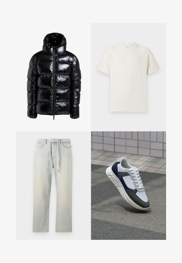 Zwarte pufferjack met een glanzende afwerking, hoge kraag, rits aan de voorkant, gestikte panelen en zijzakken. Gestructureerde stof met een glad oppervlak.; Witte korte mouwen T-shirt met ribbelstructuur. Ronde hals, ontspannen pasvorm, geen zichtbare patronen of accenten. Eenvoudig en veelzijdig ontwerp.; Lichtblauwe denim jeans met een relaxte fit, een tailleband met trekkoord, subtiele vervaagde textuur en rechte benen. Bevat klassieke zakken en stiksels.; Witte, marineblauwe en grijze sneaker met een gemengde materiaald ontwerp, met een gestructureerde bovenkant, platte veters en een gevoerde zool.