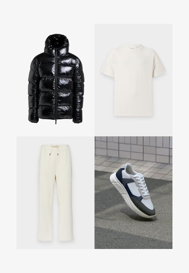 Must musta jope läikiva viimistlusega, kõrge krae, tõmblukuga esiosa, õmmeldud paneelid ja küljetaskud. Tekstureeritud kangas sujuva pinnaga.; Valge lühikeste varrukatega T-särk ribakudumises. Ümar kaelus, mugav lõige, nähtavad mustrid ega aksessuaarid puuduvad. Lihtne ja mitmekesine disain.; Kreemit värvi ribaroogadega dressipüksid, millel on nööriga vöökoht, kaks külgetaskut ja sirge jalgade disain.; Valge, mereväe sinine ja hall spordijalats, millel on segatud materjalide disain, tekstureeritud ülemine osa, lame pael ja pehme talla.