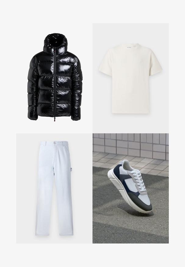 Jachetă puffer neagră cu un finisaj lucios, guler înalt, fermoar frontal, panouri cusute și buzunare laterale. Material texturat cu o suprafață netedă.; Tricou alb cu maneci scurte, dintr-un material ribbed. Guler rotund, croi lejer, fără modele sau accente vizibile. Design simplu și versatil.; Pantaloni de bumbac raiati de culoare bleu deschis. Design cu picioare drepte, dotati cu un închidere frontală cu nasture și buzunare laterale. Textură moale.; Tenisi albi, bleumarin și gri, cu un design din materiale mixte, având un superior texturat, șireturi plate și o talpă căptușită.