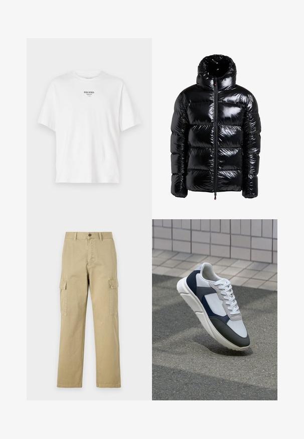 Zwarte pufferjack met een glanzende afwerking, hoge kraag, rits aan de voorkant, gestikte panelen en zijzakken. Gestructureerde stof met een glad oppervlak.; Witte katoenen t-shirt met een ronde halslijn, korte mouwen en een bedrukte logo met de tekst "ESS.WRD." op de borst, minimalistisch ontwerp.; Beige cargobroek van katoen, met twee zijzakken, een knoopsluiting en rechte pijpen van een licht gestructureerde stof.; Witte, marineblauwe en grijze sneaker met een gemengde materiaald ontwerp, met een gestructureerde bovenkant, platte veters en een gevoerde zool.