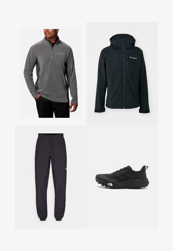 Čierna softshellová bunda so zipsom vpredu, nastaviteľnou kapucňou, zipsovou náprsné kapsou a suchým zipsom na manžetách. Má hladkú textúru a logo Columbia.; Šedý fleecový pulóver s dizajnom na štvrť-zip, mäkká textura, dlhé rukávy a logo na hrudi. Zvýraznený kontrastnými bočnými panelmi.; Čierne športové nohavice vyrobené z ľahkej tkaniny, s elastickým pásom na šnurovanie, bočnými vreckami a zúženými manžetami na členkoch.; Čierne trailové behacie topánky s štruktúrovaným zvrškom, gumovou podrážkou a vystuženou špičkou. Obsahuje polstrovaný golier a úchyt na jednoduché obúvanie.