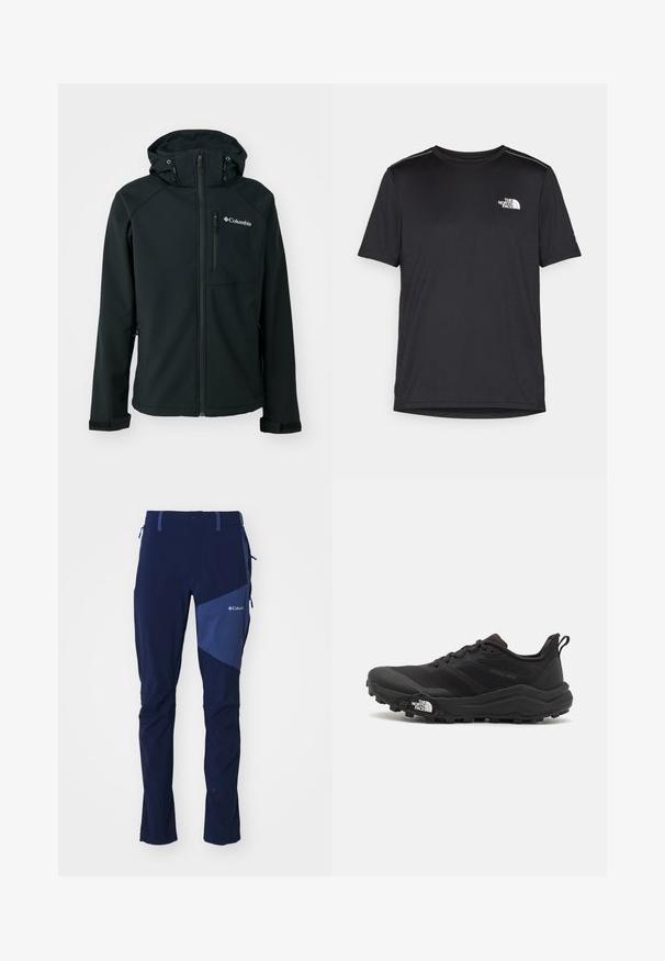 Črna softshell jakna z zadrgo spredaj, nastavljivo kapuco, žepom za zadrgo na prsih in ježkom na manšetah. Ima gladko teksturo in Columbia logo.; Črna kratkosleevena majica iz lahkotnega materiala. Ima majhen bel logo na levem prsnem delu in diskretne poudarke na ramenskem predelu.; Columbia COLUMBIA TECH™ PANT - Hlače za na prostem - collegiate navy; Črne tekaške čevlje za trail s teksturirano zgornjega dela, gumijastim podplatom in ojačanim zaključkom prstov. Vključuje oblazinjen ovratnik in zanko za enostavno obuvanje.