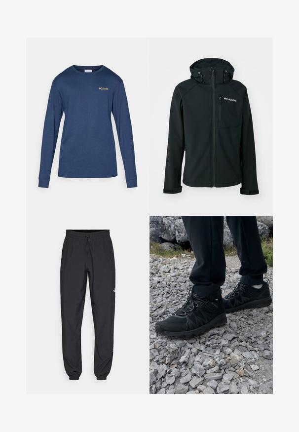 Czarna kurtka typu softshell z zamkiem z przodu, regulowanym kapturem, zamkniętą na zamek kieszenią na piersiach oraz mankietami na rzep. Charakteryzuje się gładką teksturą i logo Columbia.; Granatowa koszula z długim rękawem wykonana z mieszanki bawełny. Oferuje okrągły dekolt i małe haftowane logo na piersi. Gładka tekstura.; Czarne spodenki sportowe wykonane z lekkiego materiału, z elastycznym pasem na sznurek, bocznymi kieszeniami i zwężanymi mankietami przy kostkach.; Czarne buty outdoorowe wykonane z siateczki i materiału syntetycznego, z fakturowaną cholewką, zabezpieczonym systemem sznurowania i solidną podeszwą, na skalistym terenie.