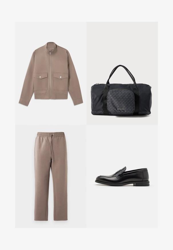 Taupe spalvos bombonešis su priekiniu užtrauktuku, dviem kišenėmis su snap-užtrauktuku ir įrengtu šonu.; Baltas hoodie su priekinėmis kišenėmis, raišteliais ir iškilniu logotipu. Pagamintas iš minkštos medžiagos su gumbuotais rankogaliais ir apvadu. Minimalistinio dizaino.; Rudi, vidutinio aukščio sportiniai kelnės, pagamintos iš minkštos medžiagos, su elastinga juosta ir raišteliu, šoninėmis kišenėmis ir tiesiomis kelnėmis.; Juodos odinės loafers, turinčios lygų paviršių, apvalią noselę ir dekoratyvinę juostą per priekinę dalį. Žemas krentantis kulnas, minimalistinis dizainas.; Juodas Michael Kors sportinis krepšys su dviem rankenomis, priekiniu užtrauktuku, puikuojantis kartotiniu MK logotipu ir Michael Kors ženklu.