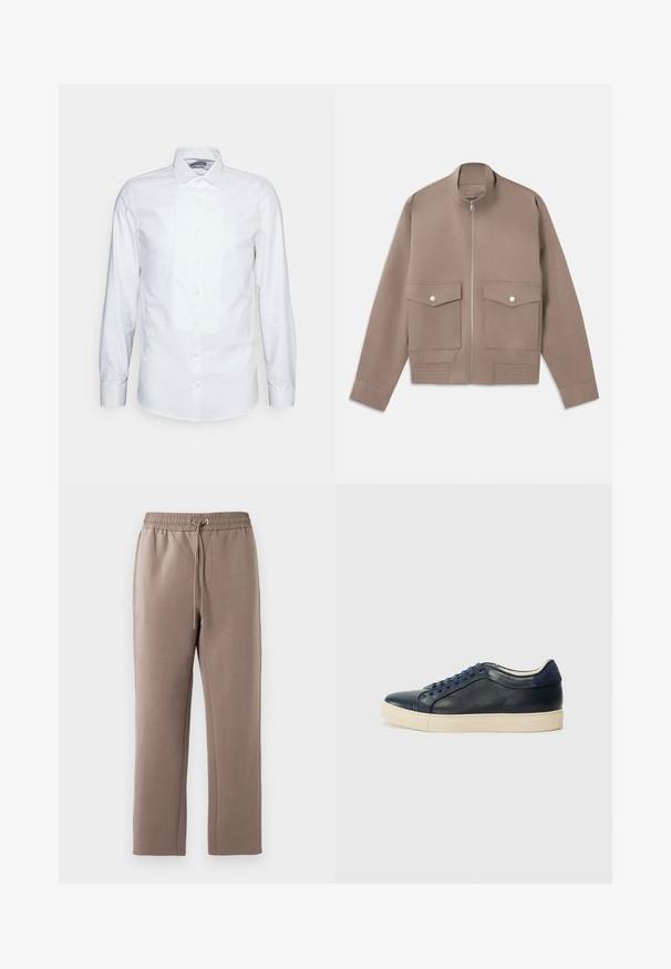 Taupe-kleurige bomberjack met ritssluiting aan de voorkant, twee klapzakken met drukknoop en geribbelde details aan de zoom.; Witte longsleeve shirt van katoen. Heeft een geplooide voorkant, puntige kraag en klassieke knoopsluiting. Glad textuur en getailleerde pasvorm.; Bruine, middelhoge sweatpants gemaakt van zachte stof, met een elastische tailleband met een trekkoord, zijzakken en rechte pijpen.; Marineblauwe leren sneaker met een crèmekleurige rubbersole, voorzien van blauwe veters en een gladde textuur. Ronde neus en minimalistisch ontwerp.