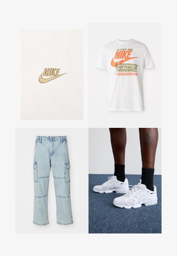 Nike logo zeltītā zeltī uz teksturēta balta auduma fona, ar stilizētu rakstību un izteiksmīgu swoosh dizainu.; Balta kokvilnas t-kreklu ar lielu oranžu "NIKE" logo un zaļu tekstu, kas lasa "SPORTSWEAR ENGINEERED" un papildu specifikācijas.; Gaiši zili denima bikses ar brīvu piegriezumu, divām sānu kabatām un ceļa ielāpu detaļām. Aprīkotas ar rāvējslēdzēju un metāla pogu aizdari.; Baltie sporta apavi ar sietiņu augšdaļu, rakstainiem akcentiem un mīkstu zoli. Apvienoti ar melniem ribotām potīšu zeķēm uz zilas paklāja virsmas.