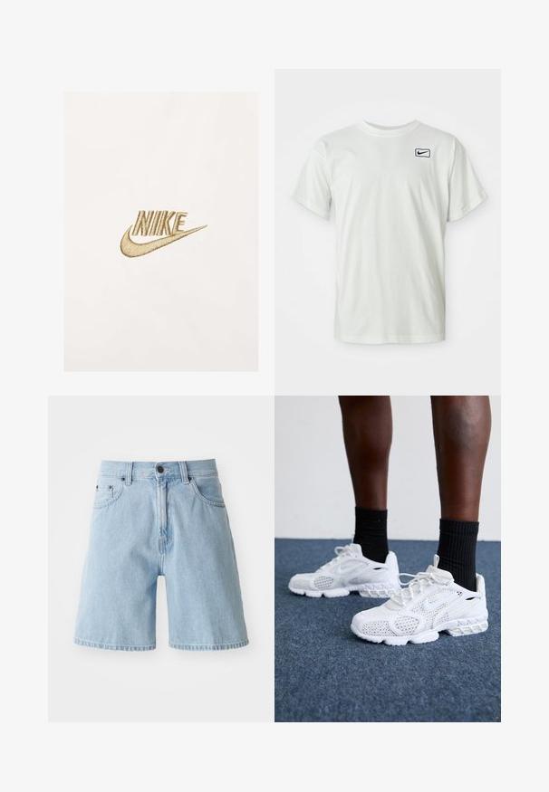 Logo de Nike en bordado dorado sobre un fondo de tela blanca texturizada, con letras estilizadas y un diseño distintivo de swoosh.; Camiseta de algodón blanca de manga corta, con un logo de Nike en azul marino bordado en el lado izquierdo del pecho. Diseño estándar de cuello redondo.; Pantalones cortos de mezclilla azul claro con un corte relajado, diseño de cinco bolsillos y un cierre de botón en la cintura; dobladillo sin acabar en las piernas.; Zapatillas deportivas blancas con parte superior de malla, acentos texturizados y suela acolchada. Combinadas con calcetines cortos de canalé negros sobre una superficie de moqueta azul.