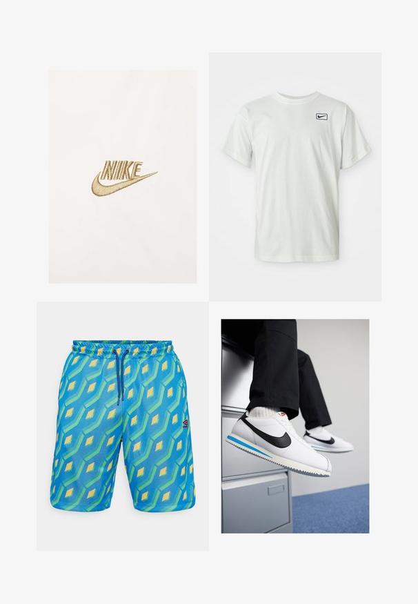 Nike logo v zlati ve brokatni vezenini na teksturirani beli tkanini, ki vključuje stilizirano pisavo in značilno obliko swoosh.; Bela bombažna majica s kratkimi rokavi, z izvezenim mornarsko modrim Nike logotipom na levem prsnem delu. Standardna zasnova kroga okoli vratu.; Modri kopalni šortsi z geometričnim vzorcem v zeleni in rumeni barvi, z elastičnim pasom, vrvico za zategovanje in majhnim logotipom.; Bele usnjene teniske z črnim Nikeovim simbolom, svetlo modrim in sivo gumijastim podplatom ter klasičnim vezalnim dizajnom. Noge so poležane na omarici za dokumente.