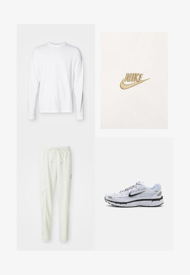 Nike-Logo in goldfarbener Stickerei auf einem strukturierten weißen Stoffhintergrund, mit stilisierter Schrift und einem ausgeprägten Swoosh-Design.; Langärmliges weißes Baumwoll-T-Shirt mit Rundhalsausschnitt, gerippten Bündchen und kleinem grauen Logo auf der oberen linken Brust.; Weiße, körpernahe Jogginghose mit elastischem Bund und Kordelzug, ausgestattet mit seitlichen Nähten und einem kleinen schwarzen Patch am rechten Bein.; Weißer Laufschuh mit Obermaterial aus Mesh, abgerundetem Zeh, schwarzen Akzenten und gemusterter Sohle. Verfügt über Schnürung und Branding an der Seite.