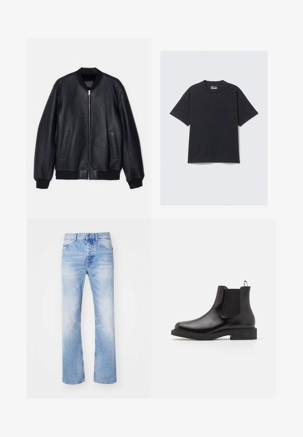 Chaqueta bomber de cuero negro con cierre de cremallera, puños y dobladillo acanalados, y dos bolsillos laterales. Presenta una textura suave y un diseño sencillo.; Camiseta de algodón negra con cuello redondo clásico, mangas cortas y un ajuste relajado. Textura suave con detalles de costura mínimos.; Pantalones vaqueros de mezclilla azul claro con un diseño de pierna recta, que cuentan con un estilo clásico de cinco bolsillos y un sutil patrón desvaído.; Botín Chelsea de cuero negro con un acabado suave, paneles laterales elásticos, tira de sujeción y suela de goma gruesa para mayor agarre.