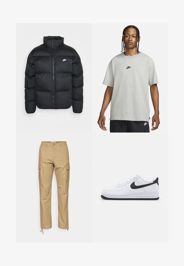 Black puffer jacket with high collar, zip closure, and Nike logo. Features quilted pattern and two side pockets.; Young person with braided hair wearing a light gray Nike T-shirt and black Nike shorts against a plain white background.; Khaki cargo pants with a straight fit, made of cotton. Features include side pockets, a button closure, and adjustable ankle ties.; White leather sneakers with black Nike Swoosh, round toe design, lace-up front, textured black rubber sole, and "Air" embossed on the heel.