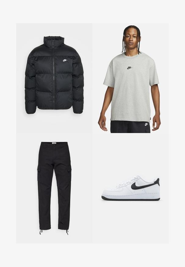 Schwarze Daunenjacke mit hohem Kragen, Reißverschluss und Nike-Logo. Verfügt über ein gesteppte Muster und zwei Seitentaschen.; Junge Person mit geflochtenem Haar, die ein hellgraues Nike-T-Shirt und schwarze Nike-Shorts trägt, vor einem einfarbigen weißen Hintergrund.; Schwarze Cargo-Shorts aus strapazierfähigem Material, mit Seitentaschen, schmaler Passform und verstellbaren Bündchen am Knöchel.; Weiße Leder-Sneaker mit schwarzem Nike Swoosh, runder Zehenform, Schnürung an der Vorderseite, strukturierter schwarzer Gummisohle und "Air"-Prägung an der Ferse.